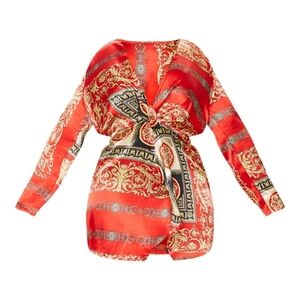 Plus Red Printed Satin Long Sleeve Wrap Dress Size 12 Women